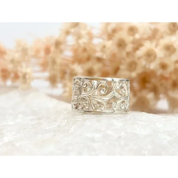 Ornate Cutout Floral Straight Chunky 925 Sterling Silver Vintage Ring - sz 6 - Picture 9 of 11